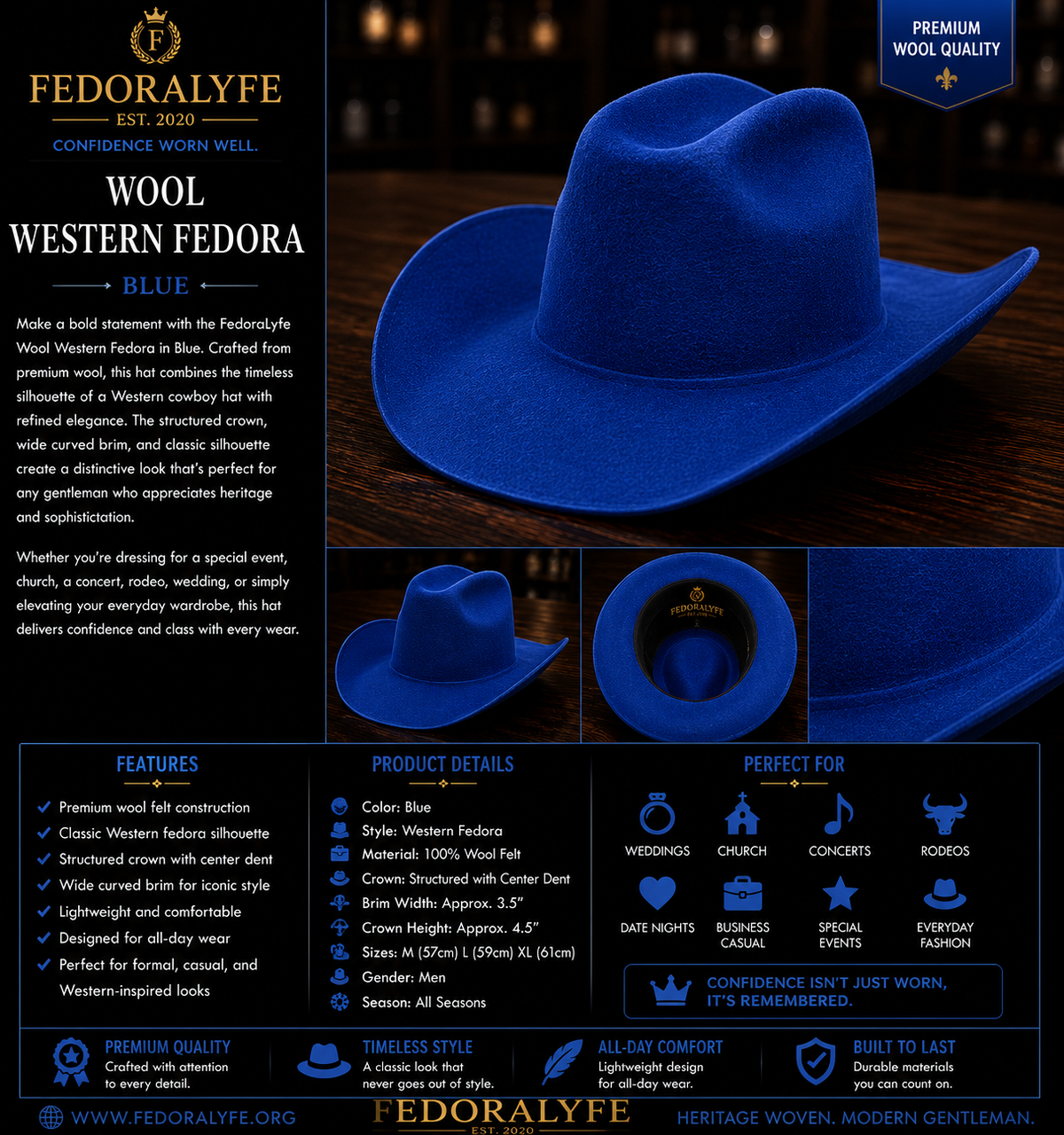 Wool Western Fedora – Blue