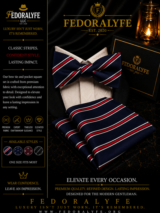 BLUE STRIPED BOWTIE AND POCKET SET