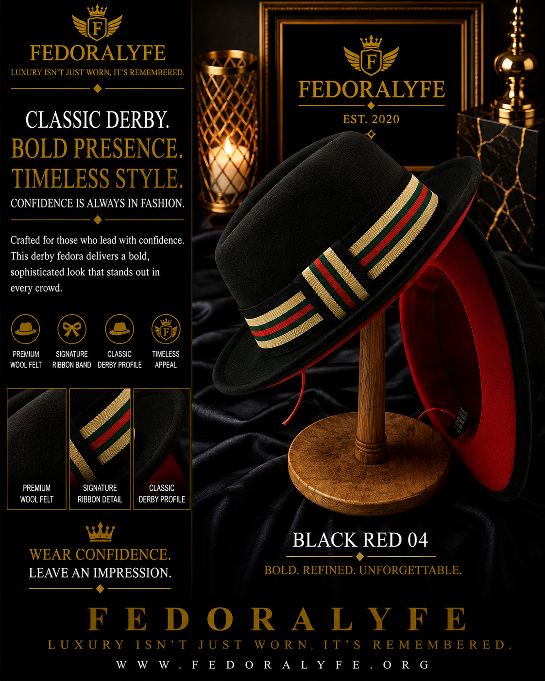 BLACK DERBY FEDORA WITH RED LINING