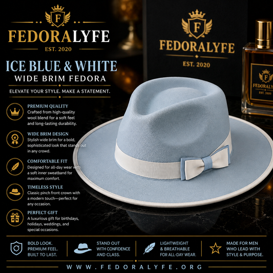 Ice Blue and White Wide Brim Fedora