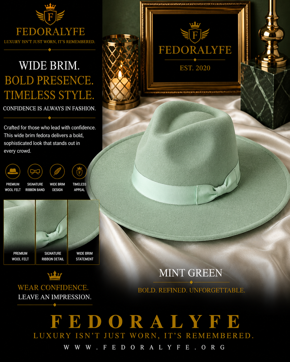MINT GREEN WIDE BRIM FEDORA HAT