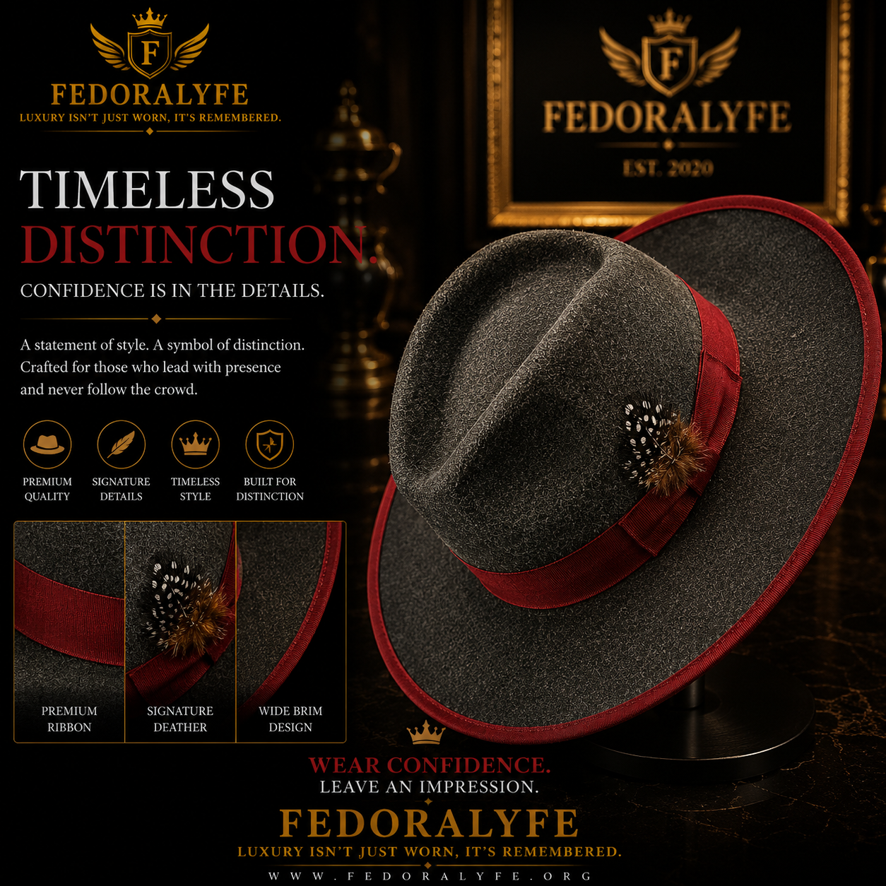 GREY WITH MAROON TIP FEDORA