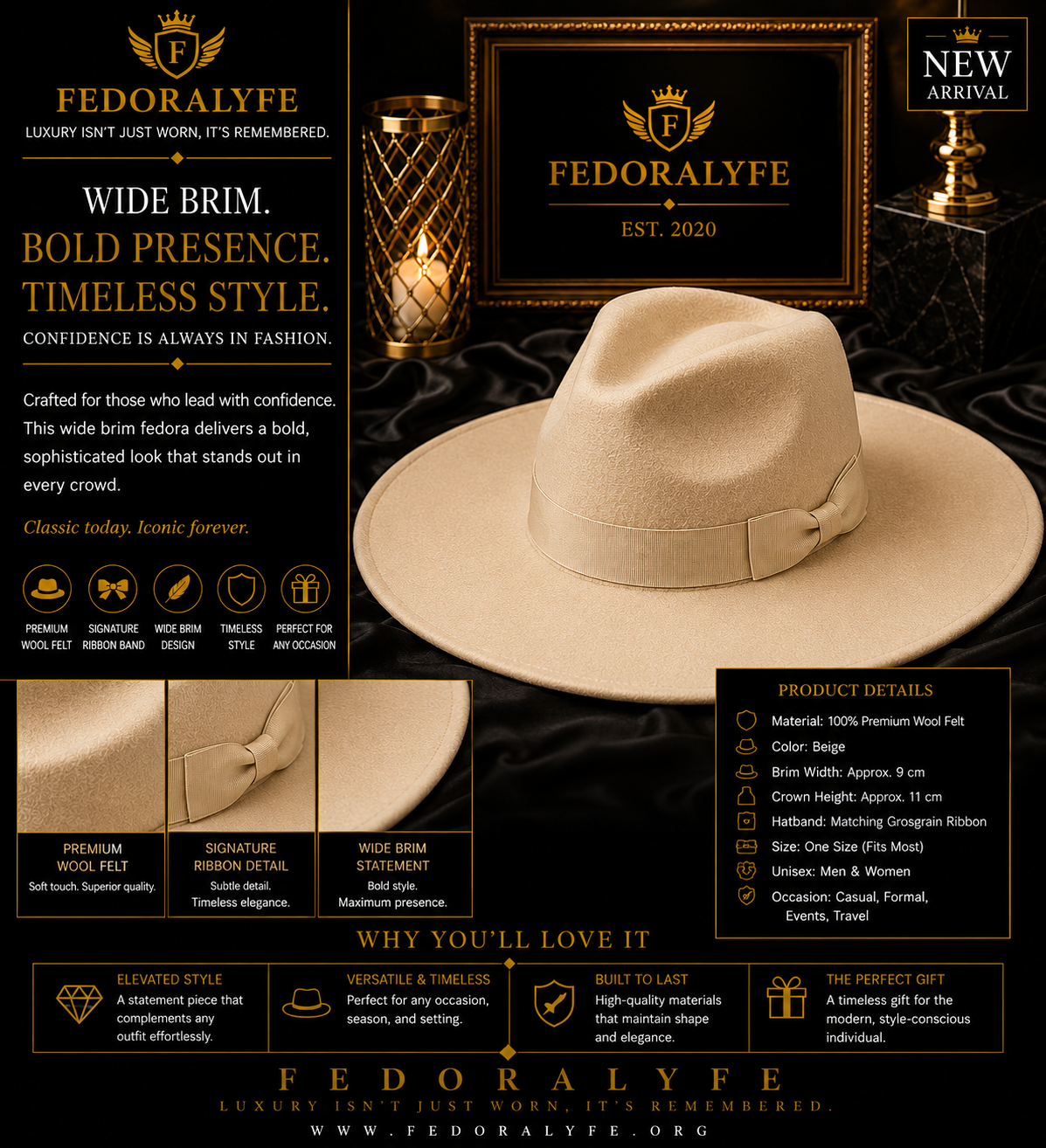 Beige Wide Brim Fedora Hat | Men's & Women's Dress Hat