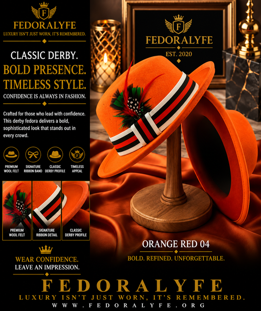 ORANGE DERBY FEDORA HAT WITH RED LINING