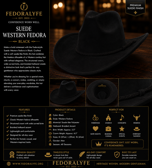 Suede Western Fedora – Black