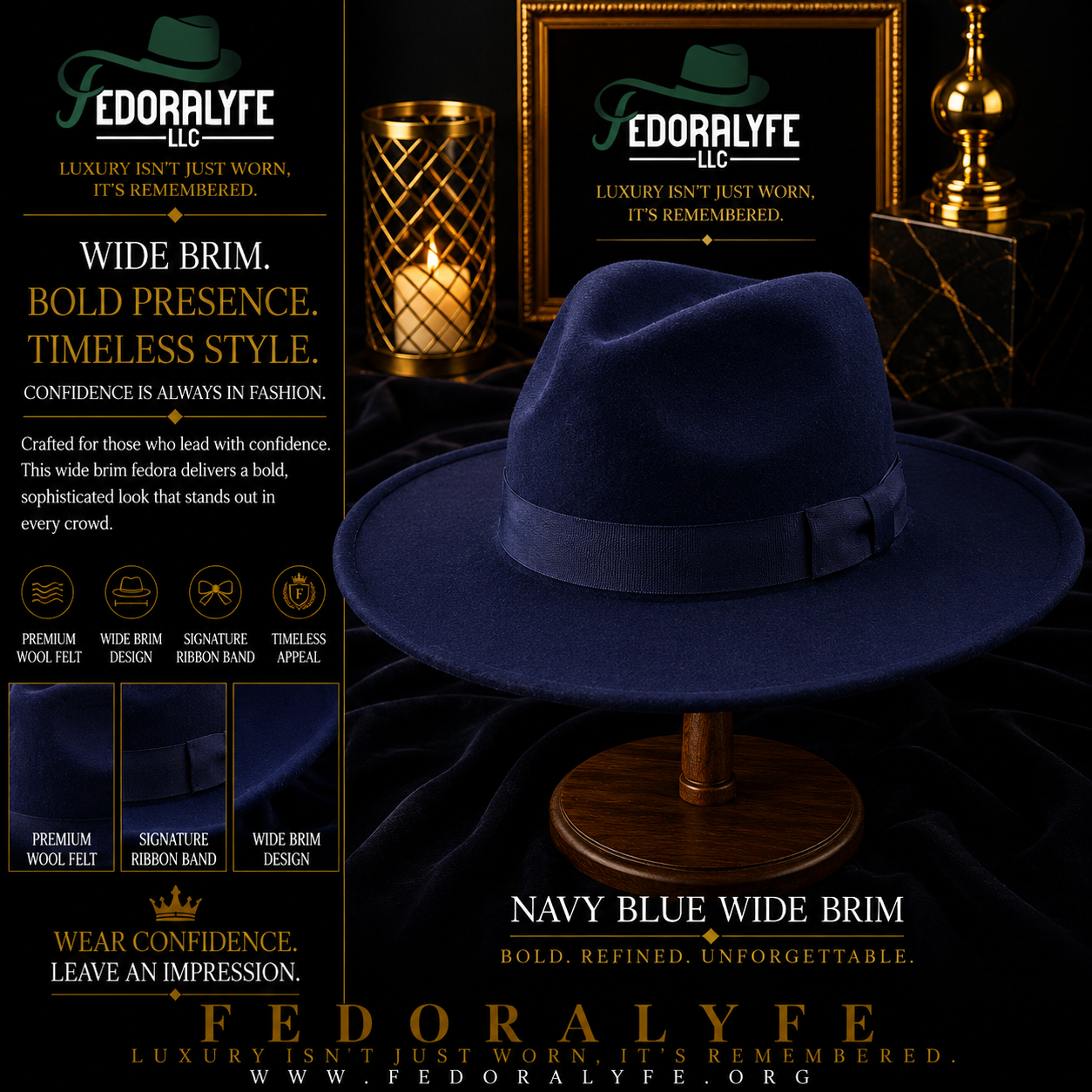 NAVY BLUE WIDE BRIM FEDORA HAT