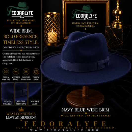 NAVY BLUE WIDE BRIM FEDORA HAT