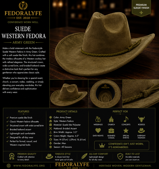 Suede Western Fedora – Army Green