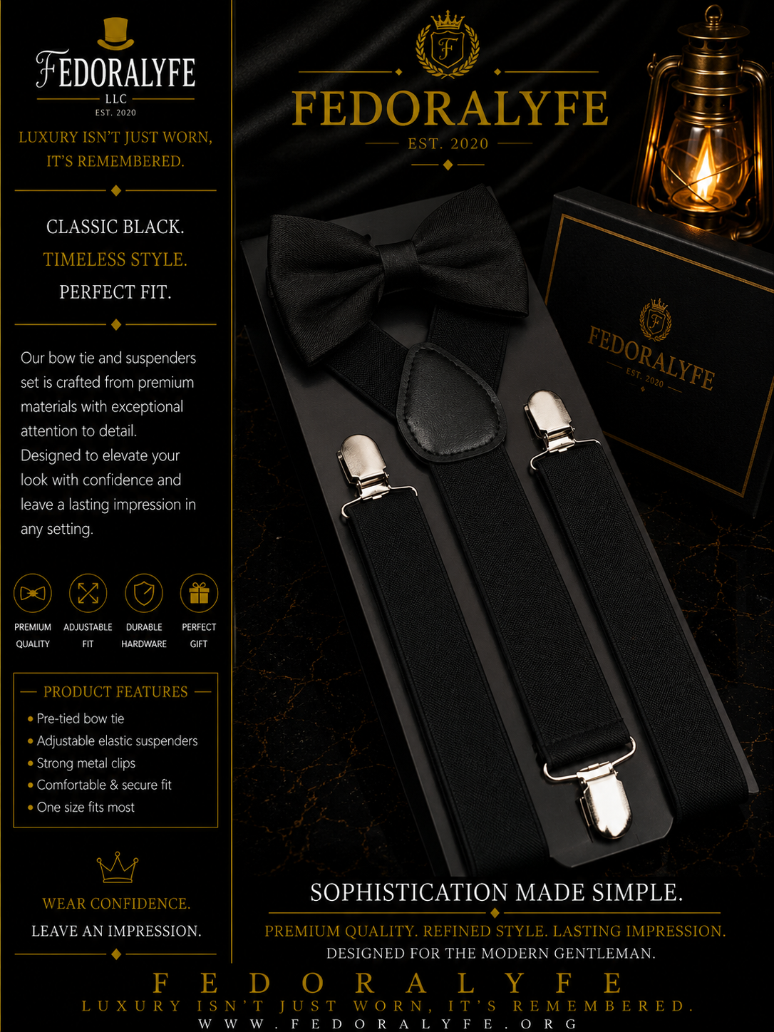 BLACK BOWTIE AND SUSPENDER SET