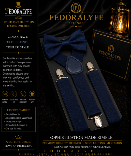 DARK BLUE BOWTIE AND SUSPENDER SET