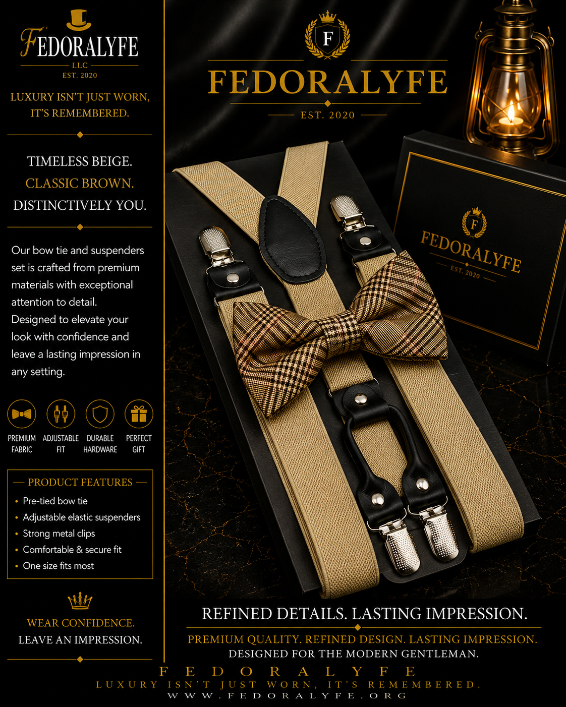 TAN BOWTIE AND SUSPENDER SET